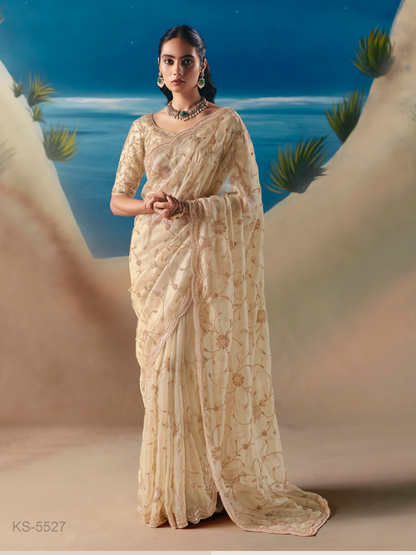 Beige Organza Tissue Silk Hand Embroidered Bridal Saree