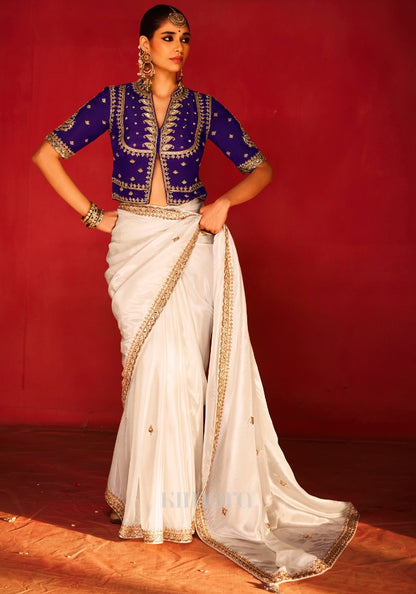 Naqsh Ivory Natural Silk Saree with Blue Corset-Style Blouse