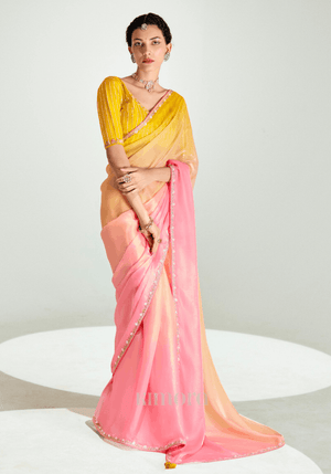 Yellow & Red Shade Organza Saree
