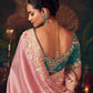 Blush Pink Silk Saree with Hand Embroidery & Teal Blouse