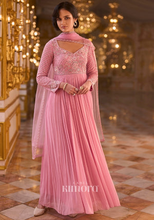Veloura Georgette Embroidered Anarkali Gown in Blush Pink