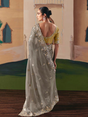 Grey Fancy Fabric Saree with Thread & Sequin Work and Mustard Blouse