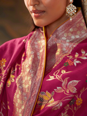 Wine Banarasi Silk Saree with Silver Weaving