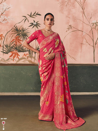 Pink Pure Georgette Bandhani Saree With Floral