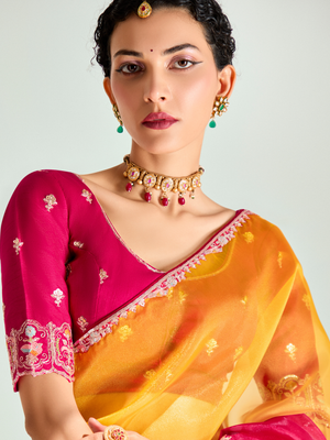 Noor Uday Organza Tissue Saree In Red And Yellow