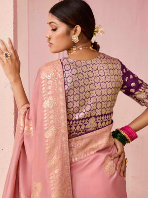 Blush Pink Weaving Silk Saree with Wine Blouse