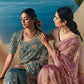 Teal Blue Organza Tissue Silk Hand Embroidered Bridal Saree