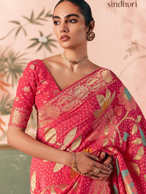 Pink Pure Georgette Bandhani Saree With Floral