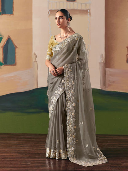 Grey Fancy Fabric Saree with Thread & Sequin Work and Mustard Blouse