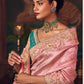 Blush Pink Silk Saree with Hand Embroidery & Teal Blouse