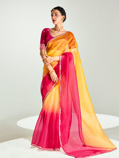 Yellow & Red Shade Organza Saree