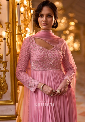 Veloura Georgette Embroidered Anarkali Gown in Blush Pink