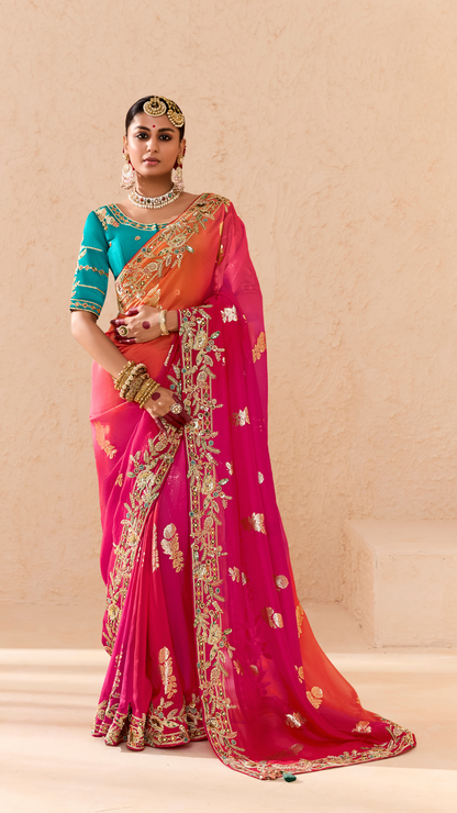 Shaded Pink & Orange Tussar Silk Saree