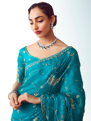 Teal Silk Saree Partywear Saree