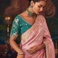 Blush Pink Silk Saree with Hand Embroidery & Teal Blouse