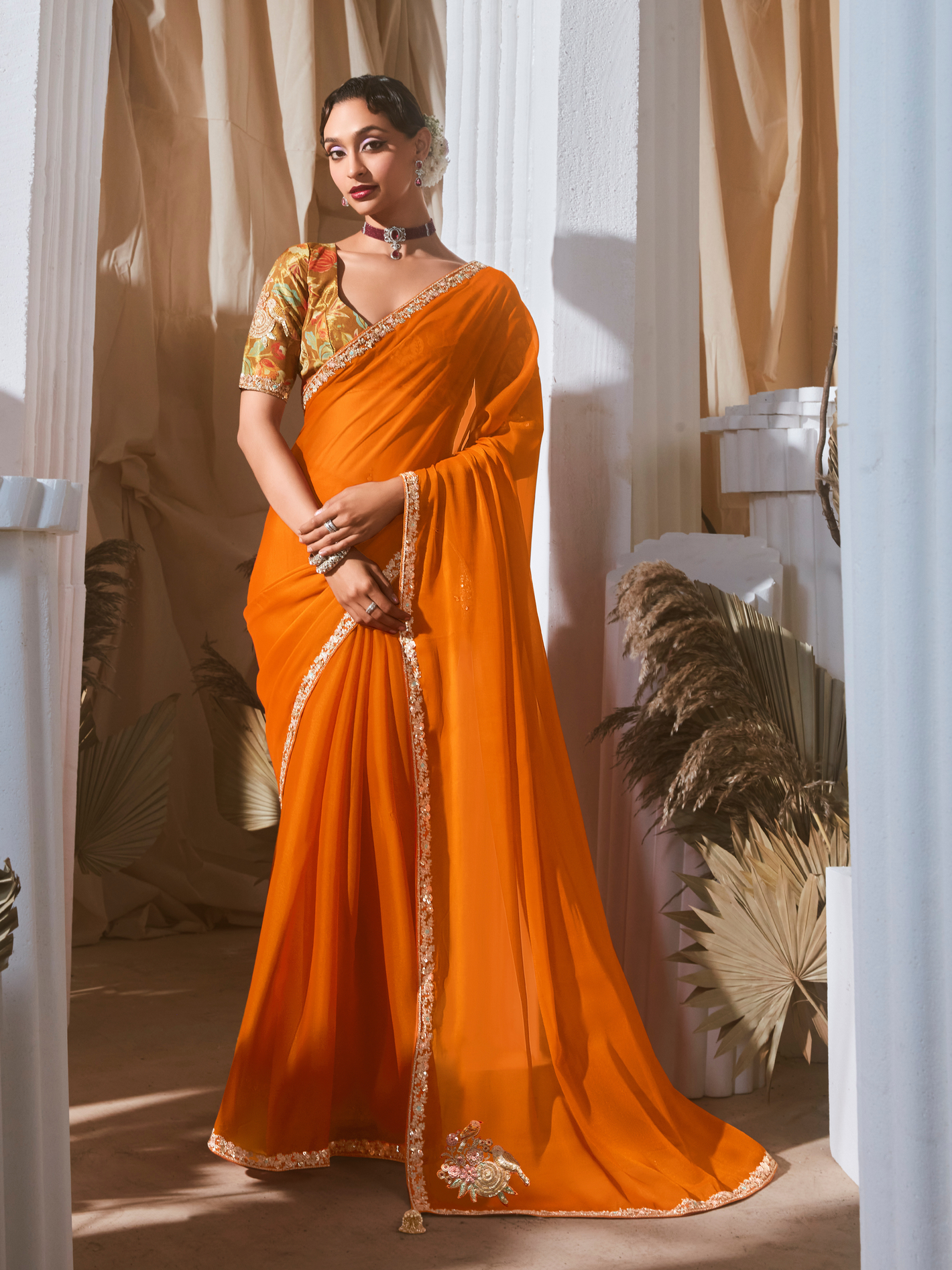 Shuka Orange Saree with Printed Blouse