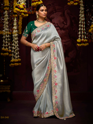 Silver Grey Banarasi Silk Saree with Red-Pink Floral Thread & Sequin Work
