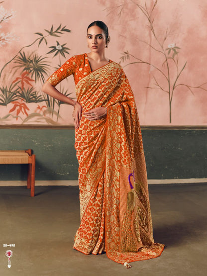 Orange Pure Georgette Bandhani Saree With Peacock Motifs