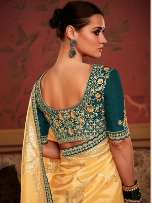 Yellow Banarasi Saree with Teal Green Embroidery