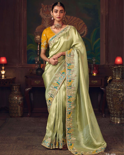 Sage Green Silk Saree with Hand Embroidery & Mustard Blouse