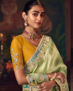 Sage Green Silk Saree with Hand Embroidery & Mustard Blouse