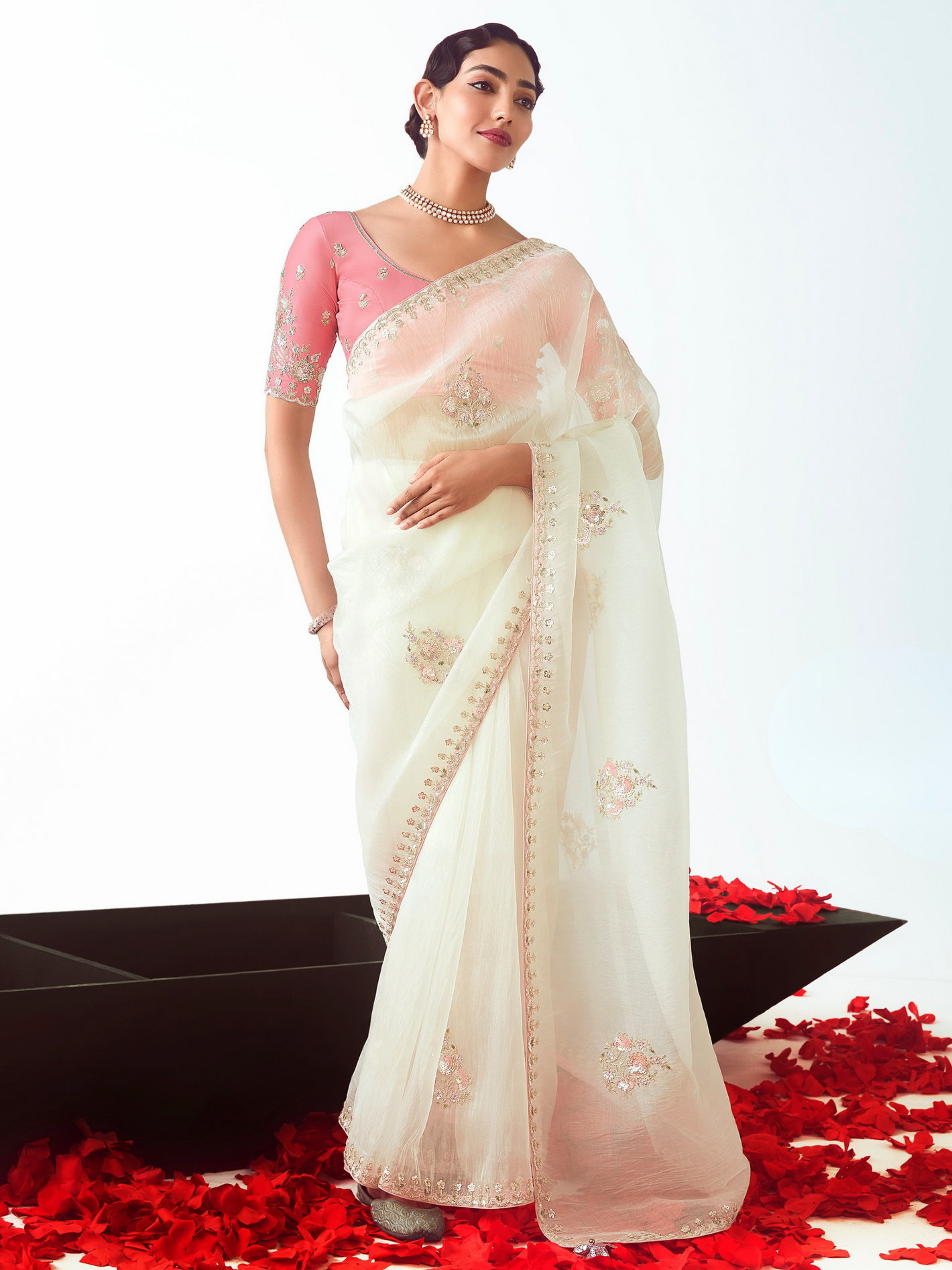 White Organza Saree with Zari and Sequin Work Paired with a Pink Silk Blouse Featuring Matching Embroidery By Kimora

