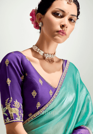 Triveni Rang Organza Tissue Saree In Turquoise