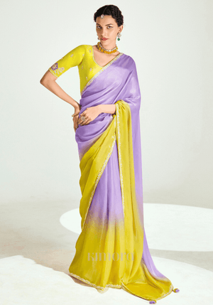 Heer Vasant Organza Tissue Saree In Yellow And Lilac