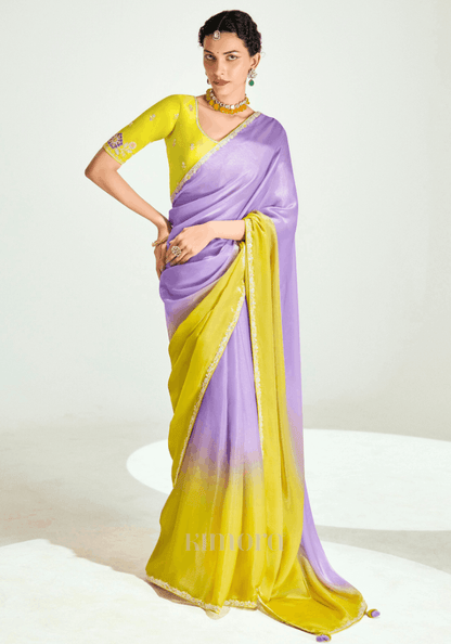 Heer Vasant Organza Tissue Saree In Yellow And Lilac