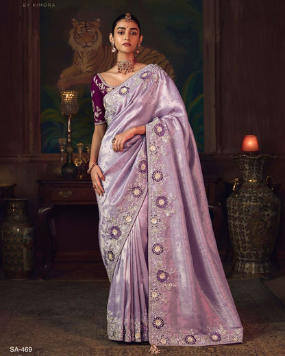 Lavender Silk Saree with Hand Embroider