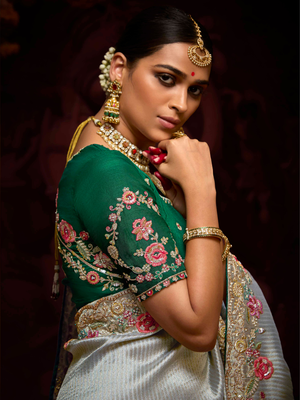 Silver Grey Banarasi Silk Saree with Red-Pink Floral Thread & Sequin Work