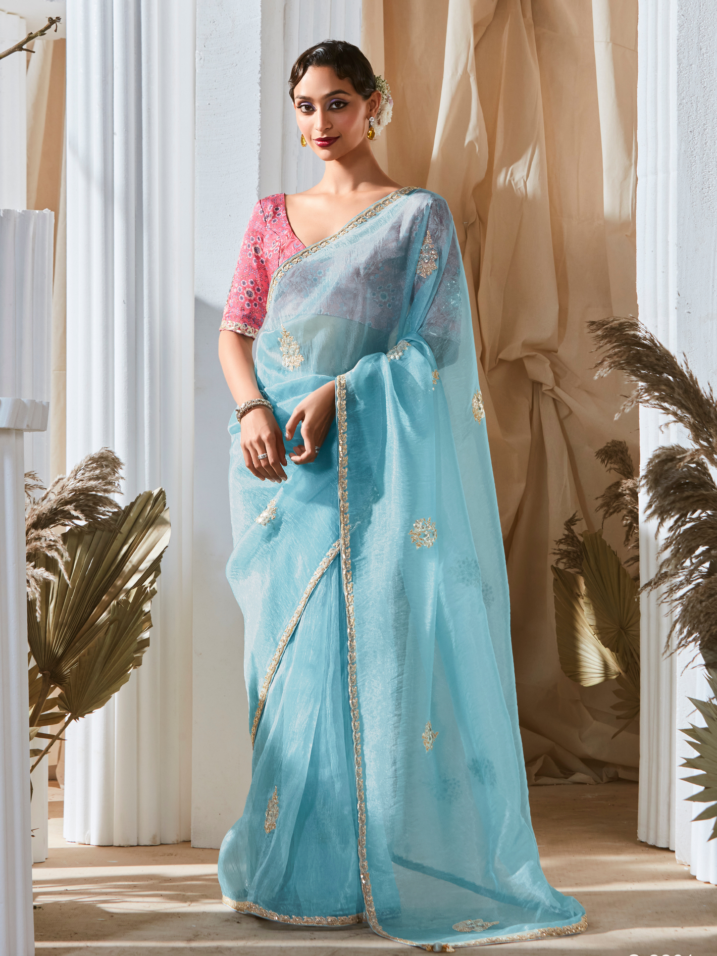 Sky Blue Saree With Red Floral Print Blouse