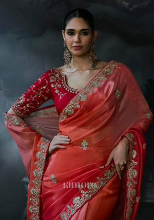 Riya Tissue Silk Saree Orange Pink Ombre