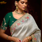 Silver Grey Banarasi Silk Saree with Red-Pink Floral Thread & Sequin Work
