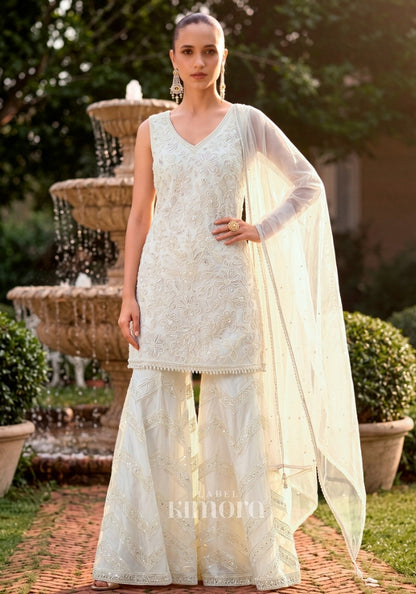Anaya Pearl Embroidered Sharara Suit Set in off white