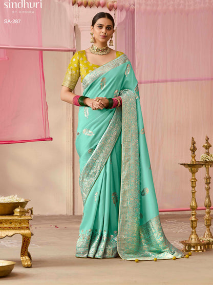 Sea Green Weaving Silk Saree with Sunflower Yellow Blouse