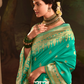 Teal Green Pure Silk Saree With Rich Golden Border & Designer Weaving Blouse