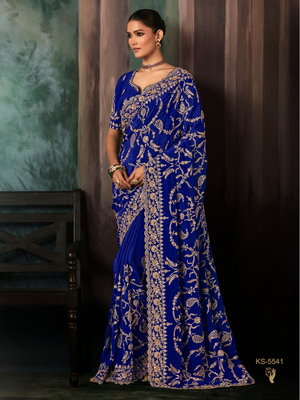 Royal Blue Embroidered Fancy Saree with Matching Blouse