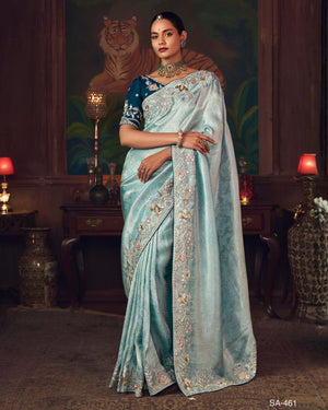 Premium Ice Blue Embroidered Silk Saree – Designer Wedding & Festive Wear