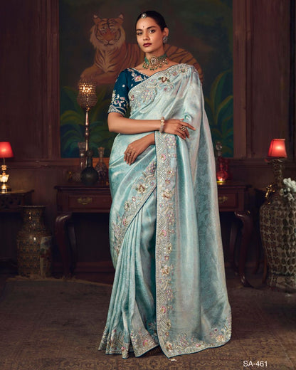 Premium Ice Blue Embroidered Silk Saree – Designer Wedding & Festive Wear