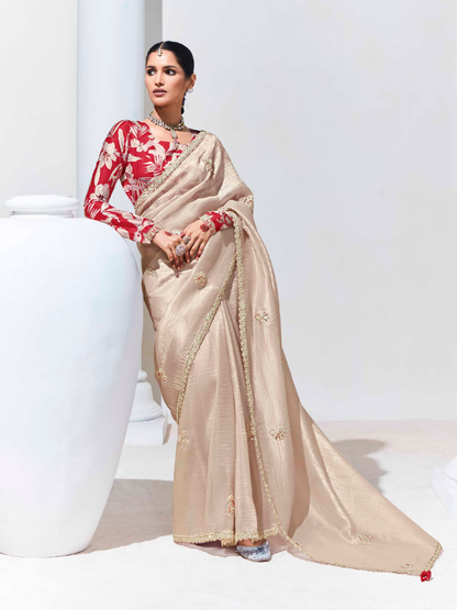 Elegant Beige Silk Saree With Red Blouse