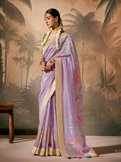 Royal Purple Silk Saree with Stunning Contrast Green Blouse