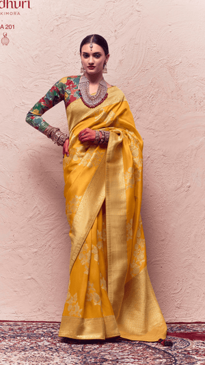 KIMORA’S FLORAL BANARASI CREPE DOLA SILK SAREE - Kimora.in