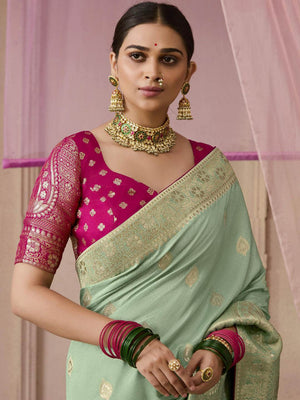 SEA GREEN DOLA SILK SAREE WITH RED GOLDEN EMBROIDERED BLOUSE - Kimora.in