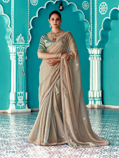 Beige Embroidery Tissue Silk Saree with Sea Green Blouse