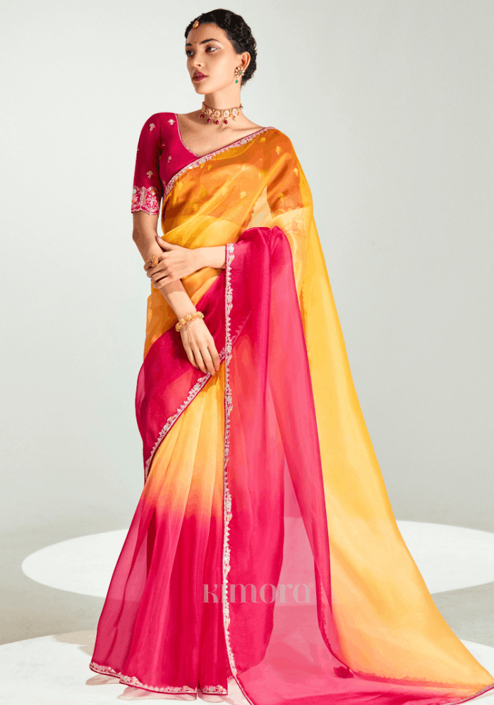 Noor Uday Organza Tissue Saree In Red And Yellow