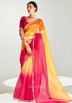Noor Uday Organza Tissue Saree In Red And Yellow