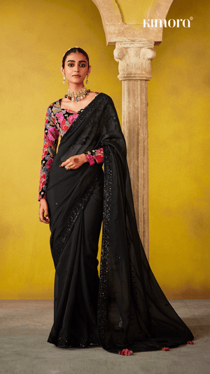 ELEGANT BLACK SAREE WITH VIBRANT FLORAL EMBROIDERED BLOUSE - Kimora.in
