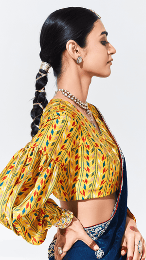 ROYAL BLUE SILK SAREE WITH YELLOW PRINTED PUFF-SLEEVE BLOUSE – A PERFECT BLEND OF TRADITION & TREND - Kimora.in