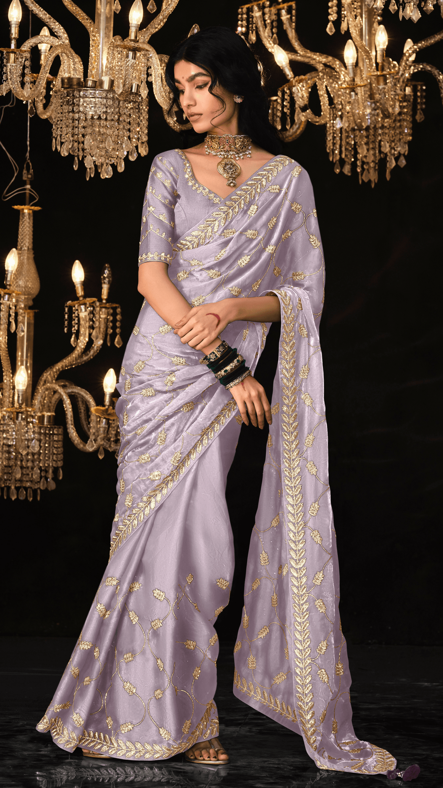 LAVENDER SAREE WITH ELEGANT SILVER EMBROIDERY - Kimora.in